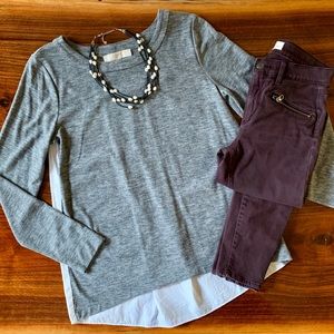 LOFT Grey & White Mixed Media Knit/woven Top, sz S